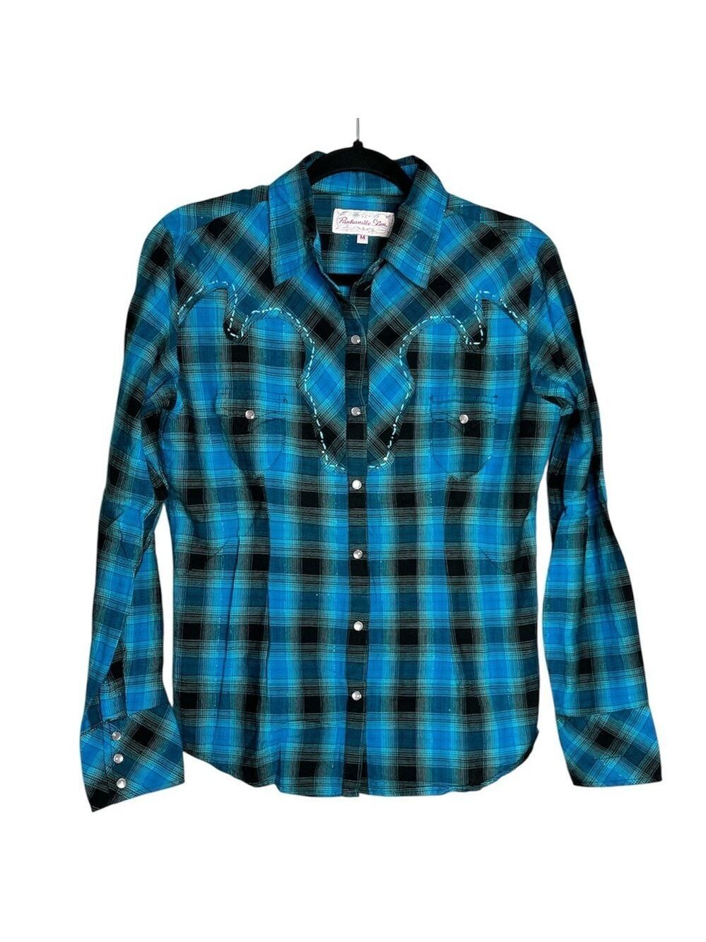 Panhandle Slim Pearl Snap Blue Black Metallic Plaid Western Shirt, Size M
